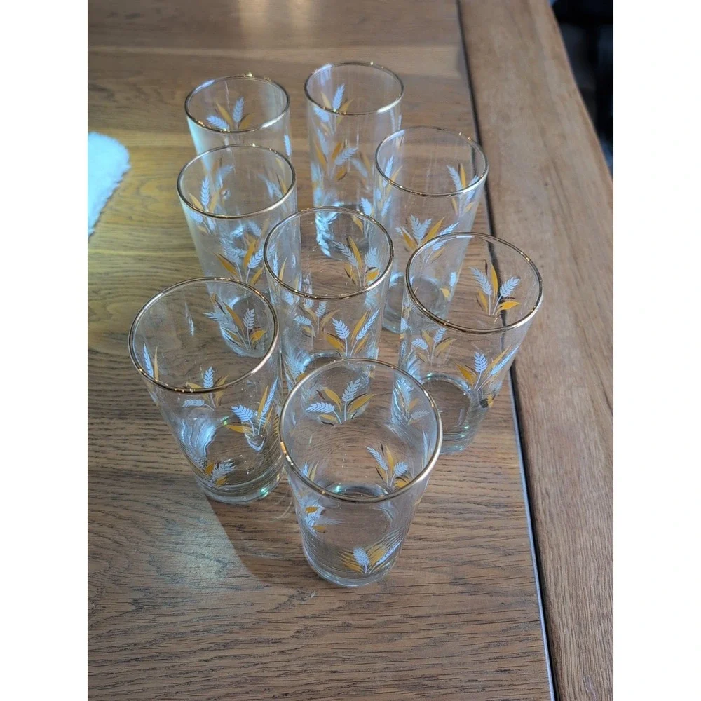 Set of 8 Vintage Libbey Informals‎ Glasses Tumblers Gold Wheat Design NIB